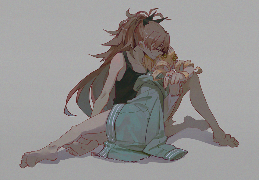 2girls, arm_support, barefoot, black_ribbon, black_tank_top, blonde_hair, borrowed_clothes, drill_hair