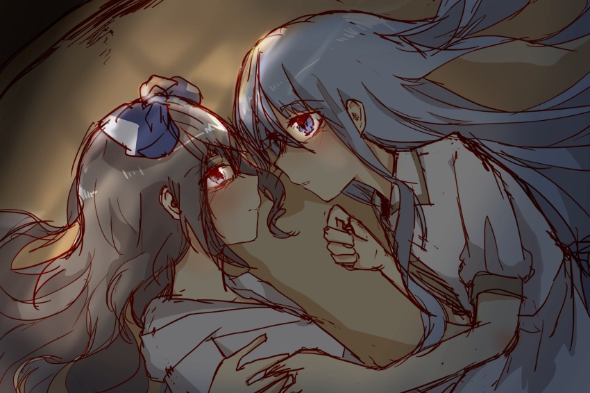 2girls, alternate_eye_color, alternate_hair_color, blue_bow, blue_eyes, blue_hair, blush, bow