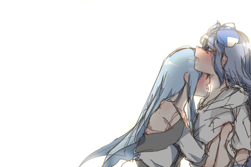 2girls, bare_shoulders, blue_bow, blue_eyes, blue_hair, blush, bow, bra_strap