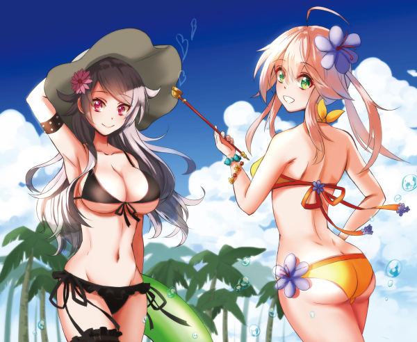 2girls, alternate_costume, artist_request, beach, bikini, black_bikini, black_legwear, blonde_hair