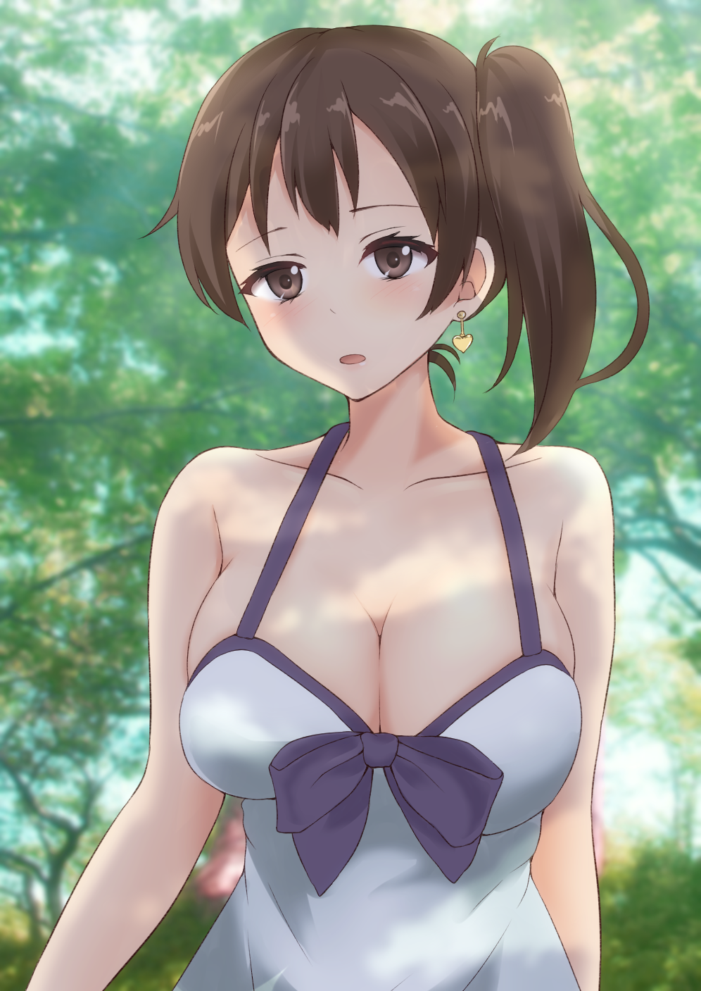 1girl, alternate_costume, bare_shoulders, blush, bow, breasts, brown_eyes, brown_hair