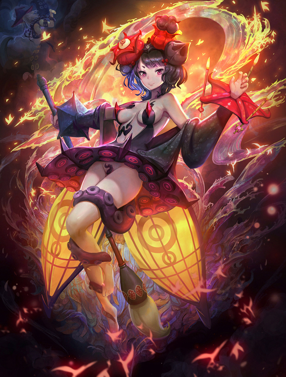 2girls, abigail_williams_(fate), abigail_williams_(third_ascension)_(fate), ass, barefoot, black_hair, black_panties, blush, breasts, breasts_apart, calligraphy_brush, cleavage, commentary_request, corruption, cthulhu, dark_persona, fate/grand_order, fate_(series), father_and_child, father_and_daughter, full_body, groin, hat, highres, katsushika_hokusai_(fate), katsushika_hokusai_(third_ascension)_(fate), katsushika_oui, long_hair, looking_at_viewer, medium_breasts, multiple_girls, navel, no_panties, oversized_object, paintbrush, panties, parent_and_child, possessed, possession, purple_eyes, restrained, short_hair, smile, suction_cups, takanoriha_kasui, tentacles, trait_connection, underwear, v-shaped_eyebrows, very_long_hair, witch_hat, yog-sothoth