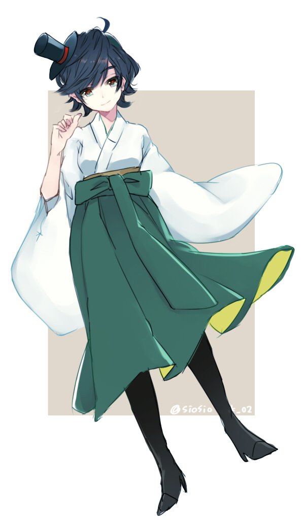 1girl, ahoge, black_boots, black_hair, boots, female_focus, full_body, green_eyes, green_hakama, hakama, hakama_skirt, hat, japanese_clothes, kantai_collection, lace-up_boots, matsukaze_(kancolle), meiji_schoolgirl_uniform, mini_hat, mini_top_hat, short_hair, siosiok_02, skirt, smile, solo, swept_bangs, top_hat, twitter_username, wavy_hair