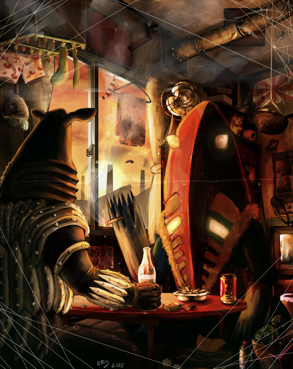 aburae-mamire, beer_can, bottle, boxer_briefs, boxers_removed, broom, can, cigarette