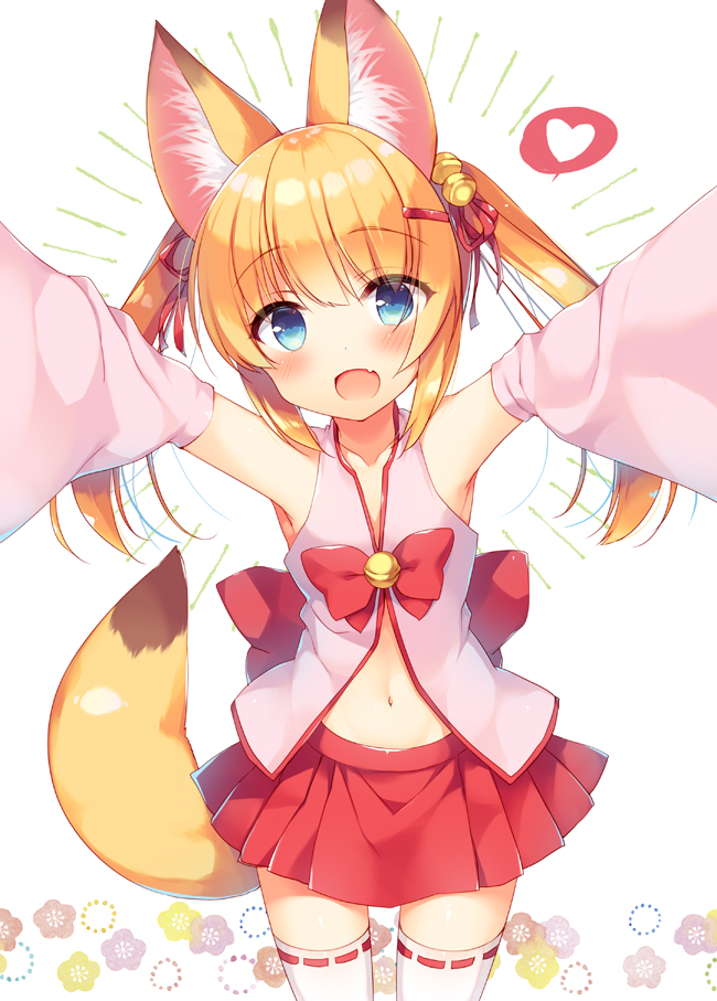 1girl, :d, animal_ear_fluff, animal_ears, arms_up, bell, blue_eyes, blush, bow, commentary_request, detached_sleeves, fang, female_focus, floral_background, fox_ears, fox_tail, hair_bell, hair_ornament, hair_ribbon, hairclip, heart, jingle_bell, kemomimi_oukoku_kokuei_housou, long_hair, looking_at_viewer, navel, nekomasu_(kemomimi_vr_channel), open_mouth, outstretched_arms, red_skirt, ribbon, ribbon-trimmed_legwear, ribbon_trim, sazaki_ichiri, simple_background, skirt, smile, solo, spoken_heart, tail, thighhighs, twintails, virtual_youtuber, white_background, white_thighhighs, wide_sleeves
