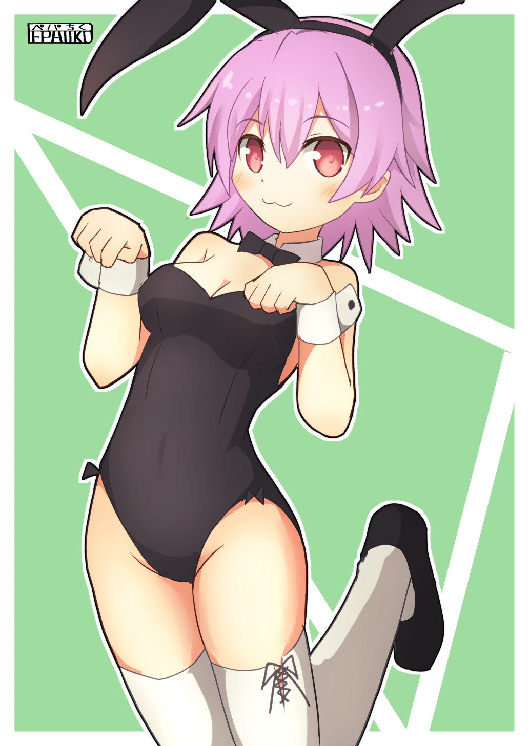1girl, :3, alternate_costume, animal_ears, artist_name, bare_shoulders, black_leotard, blush