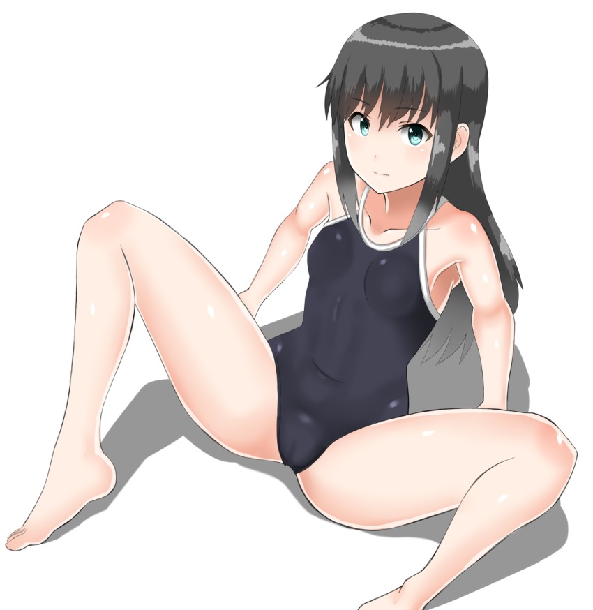 1girl, 30-06, asashio_(kancolle), black_hair, blue_eyes, breasts, competition_school_swimsuit, female_focus