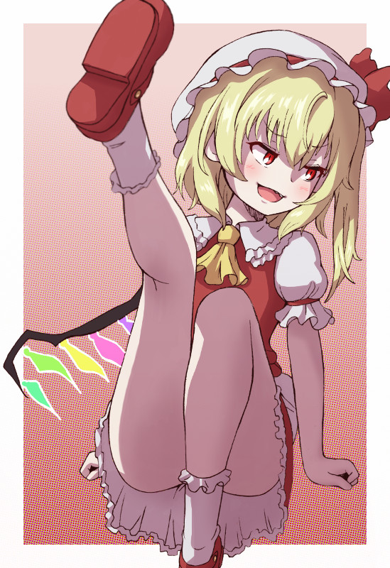 1girl, ascot, bare_legs, blonde_hair, convenient_leg, female_focus, flandre_scarlet, hat, hat_ribbon, leg_up, long_hair, looking_away, miniskirt, mob_cap, open_mouth, otonashi_shizuko, puffy_short_sleeves, puffy_sleeves, red_eyes, red_ribbon, red_shoes, red_skirt, ribbon, shoes, short_sleeves, sitting, skirt, smile, socks, solo, touhou, white_hat, white_socks, wings, yellow_ascot