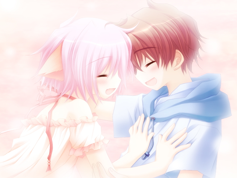 1boy, 1girl, animal_ears, bow, brown_hair, child, choker, couple