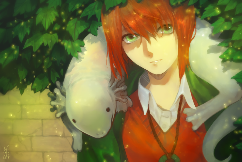 1girl, green_eyes, hatori_chise, mahou_tsukai_no_yome, necklace, red_hair, salamander, short_hair, villainesayre
