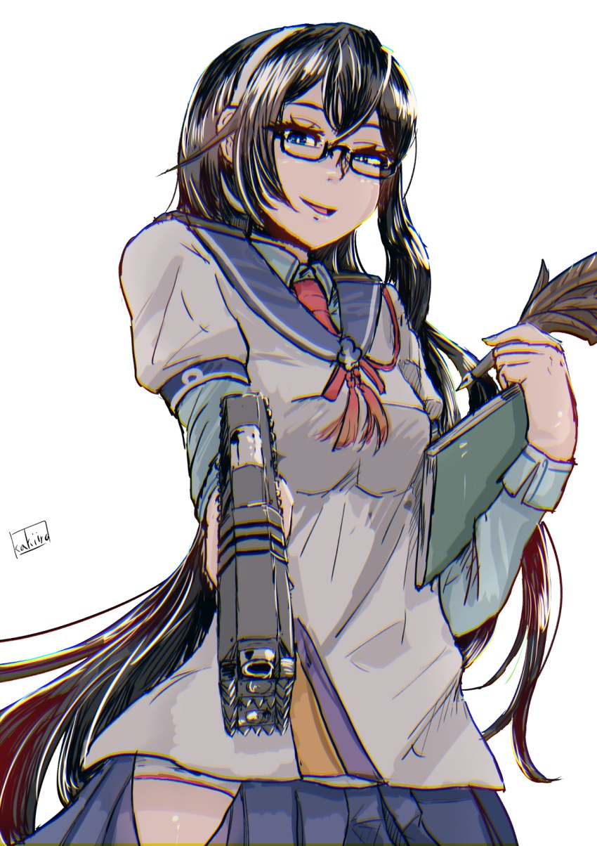 1girl, black_hair, breasts, commentary_request, female_focus, glasses, gun, hairband