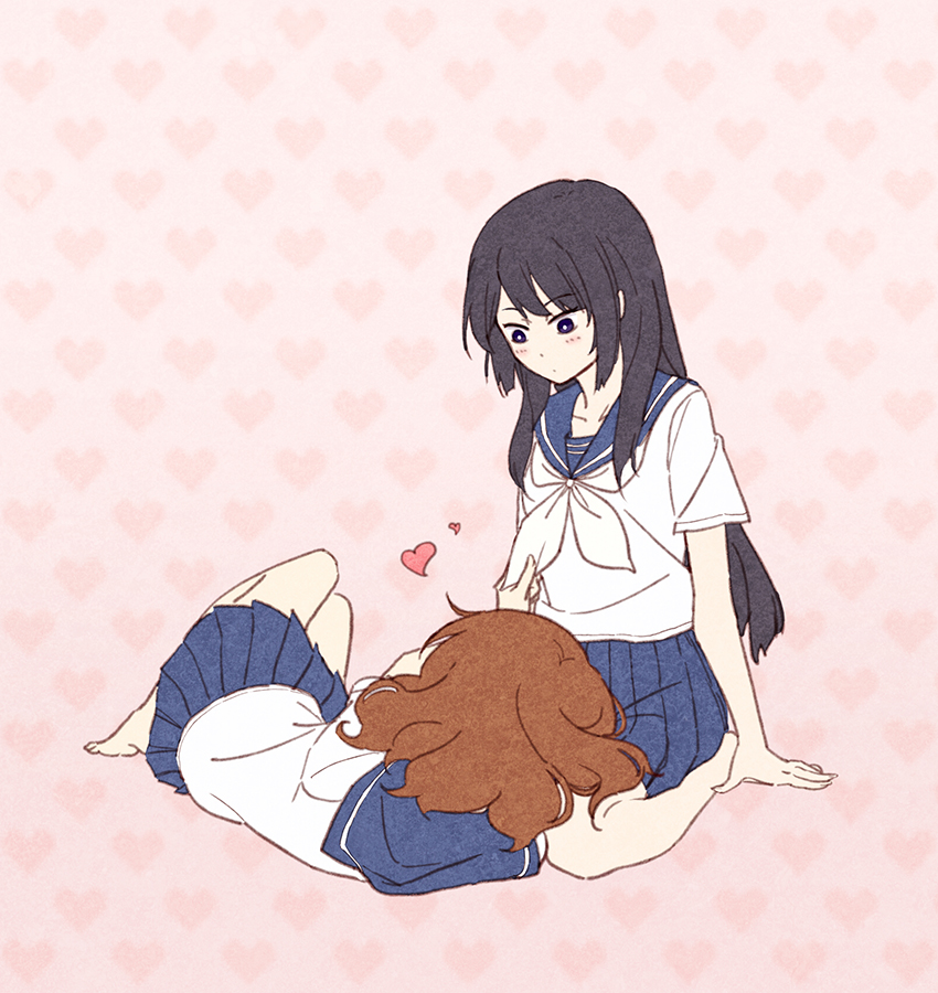 2girls, barefoot, black_eyes, black_hair, blue_skirt, blush, brown_hair, collarbone