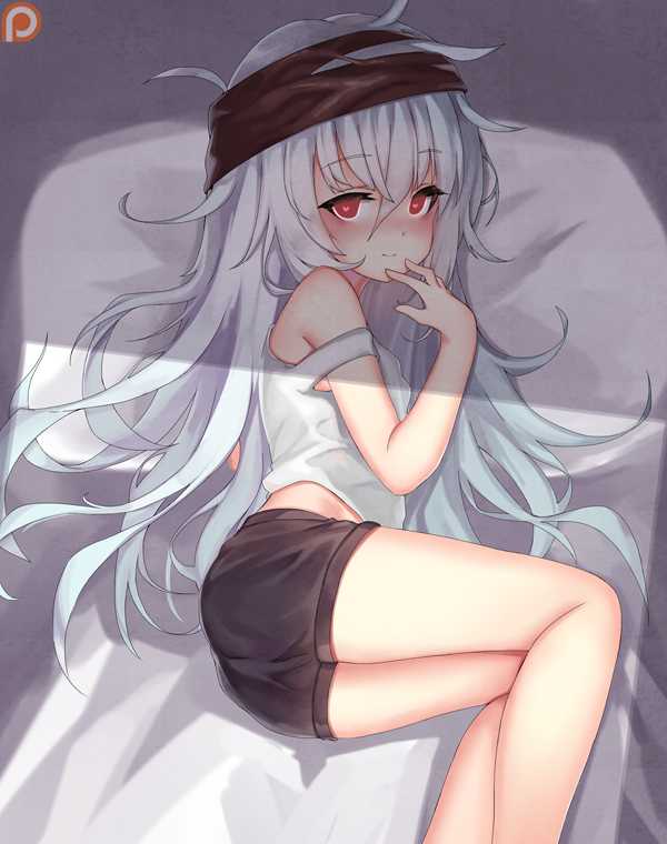 1girl, armpit_peek, bed, bed_sheet, blush, breasts, brown_eyes, brown_shorts