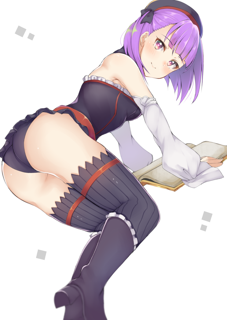 1girl, ashino, ass, bare_shoulders, black_legwear, black_panties, breasts, closed_mouth