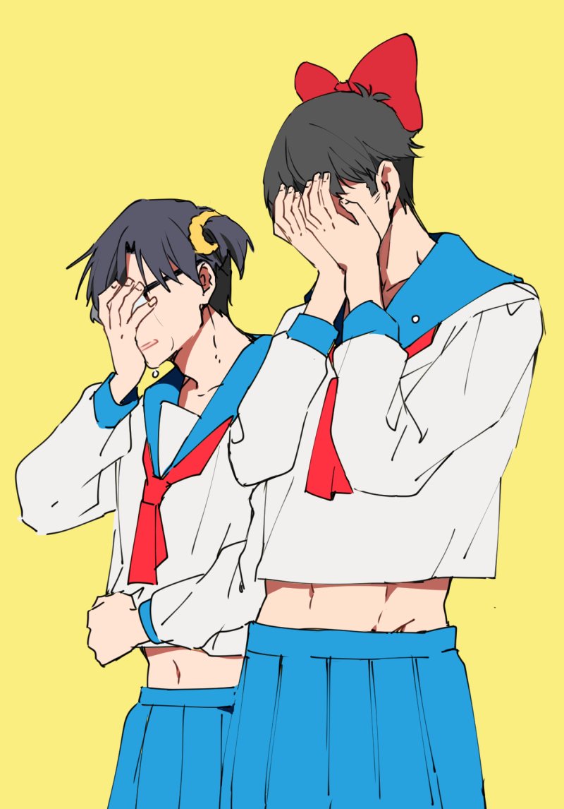 10s, 2boys, akabane_kenji, blue_skirt, bow, cosplay, covering_face, cowboy_shot, crossdressing, crossdressing_(mtf), crying, embarrassed, eunram, glasses, hair_bow, idolmaster, idolmaster_(classic), idolmaster_cinderella_girls, male_focus, midriff, multiple_boys, neckerchief, pipimi, pipimi_(cosplay), pleated_skirt, poptepipic, popuko, popuko_(cosplay), producer_(idolmaster), producer_(idolmaster_anime), producer_(idolmaster_cinderella_girls_anime), red_neckerchief, school_uniform, serafuku, short_twintails, simple_background, skirt, takeuchi_shunsuke, twintails, voice_actor_connection, yellow_background