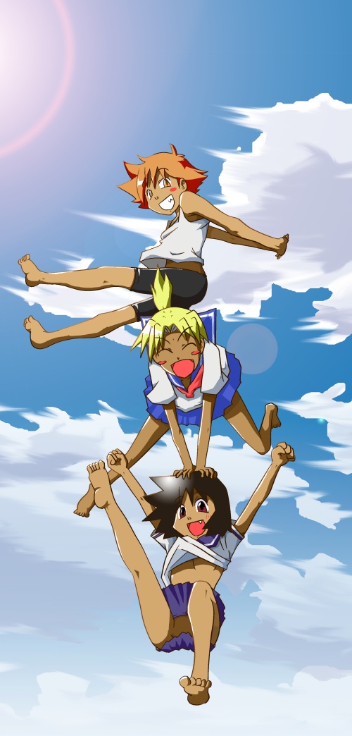 00s, 1990s_(style), 3girls, bad_anatomy, bad_feet, barefoot, bike_shorts, black_hair, blonde_hair, blush_stickers, breasts, closed_eyes, cowboy_bebop, crossover, dark-skinned_female, dark_skin, edward_wong_hau_pepelu_tivrusky_iv, fang, feet, floating, grin, jumping, kaolla_su, love_hina, multiple_girls, no_bra, no_panties, no_pussy, orange_eyes, orange_hair, outdoors, ponytail, poorly_drawn, red_eyes, retro_artstyle, sayonara_zetsubou_sensei, school_uniform, sekiutsu_maria_tarou, serafuku, short_hair, smile, soles, spread_legs, toes, tomboy, toutouhai, underboob