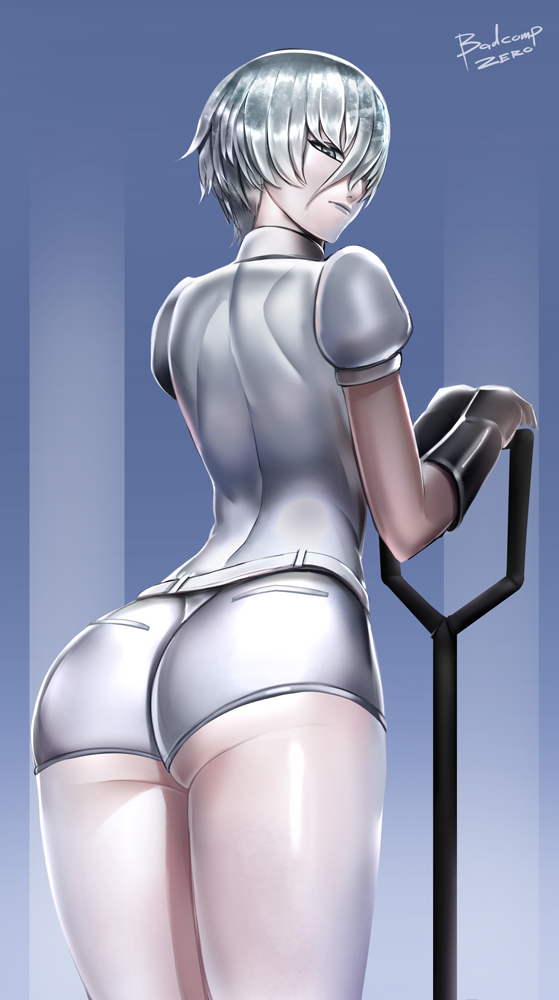 androgynous, antarcticite, arched_back, ass, badcompzero, black_gloves, commentary_request, cowboy_shot, crystal_hair, from_behind, gem_uniform_(houseki_no_kuni), gender_request, gloves, grey_eyes, houseki_no_kuni, legs_together, lips, lipstick, looking_at_viewer, looking_back, makeup, pale_skin, shiny_skin, shirt, short_hair, short_sleeves, shorts, silver_hair, solo, standing, sword, weapon, white_shirt, white_shorts