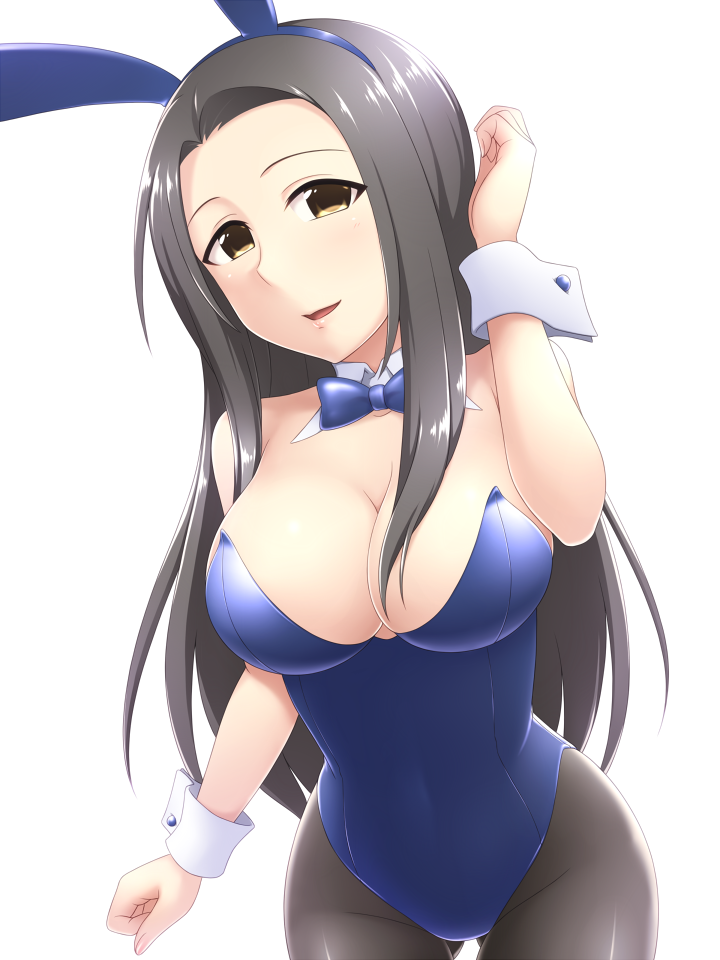 1girl, animal_ears, bare_shoulders, black_hair, black_pantyhose, blue_bow, blue_bowtie, blue_leotard