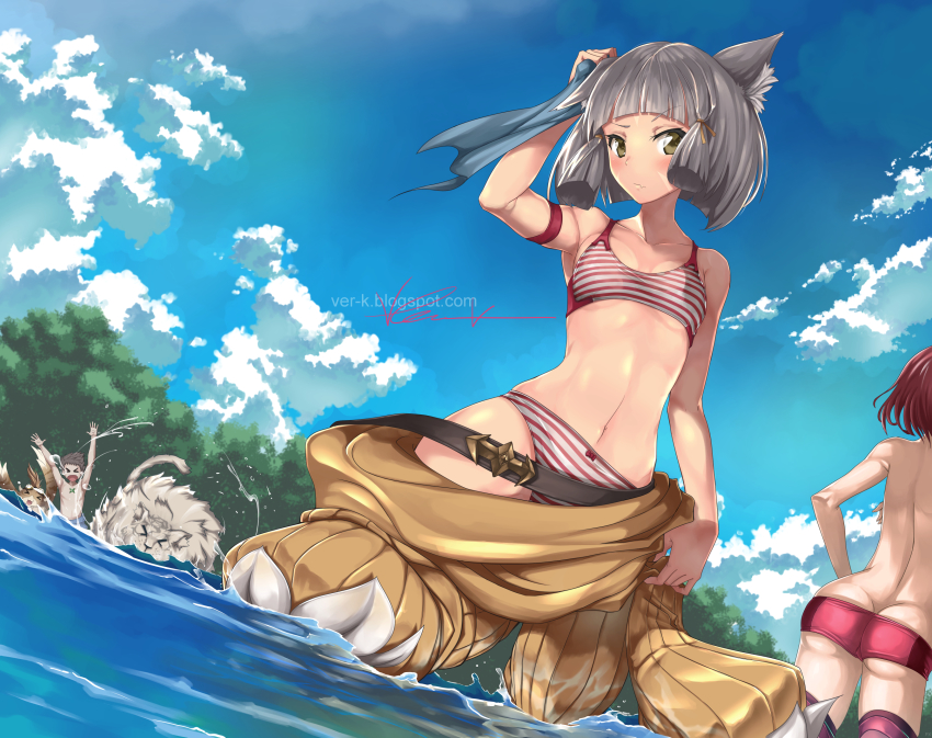 1boy, 2girls, animal_ears, armpit_peek, armpits, blunt_bangs, bob_cut, bow, bow_panties, bra, breasts, breasts_apart, brown_eyes, butt_crack, cat_ears, clothes_down, cloud, collarbone, day, dromarch_(xenoblade), dutch_angle, grey_hair, hair_ribbon, highres, indy_k, looking_at_viewer, multiple_girls, navel, nia_(xenoblade), nintendo, outdoors, panties, pyra_(xenoblade), red_panties, rex_(xenoblade), ribbon, short_hair, sidelocks, signature, sky, small_breasts, solo_focus, sports_bra, striped_bra, striped_clothes, striped_panties, striped_sports_bra, topless_female, tora_(xenoblade_2), tree, tsurime, underwear, underwear_only, undressing, wading, water, watermark, web_address, xenoblade_chronicles_(series), xenoblade_chronicles_2