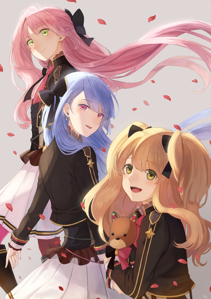 3boys, absurdres, blue_hair, crossdressing, crossdressing_(mtf), fangs, green_eyes, hair_ribbon