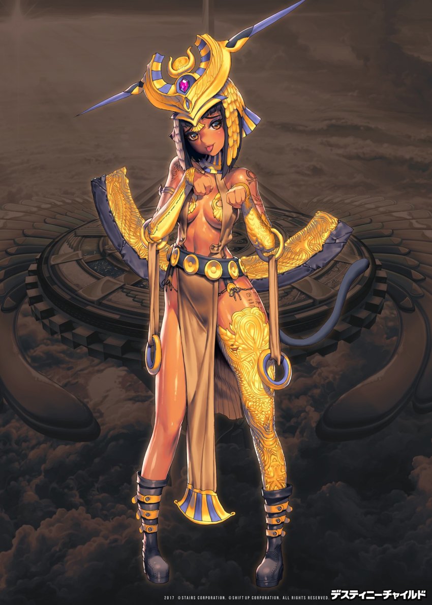 ancient_egyptian, ancient_egyptian_clothes, bastet_(destiny_child), belt_boots, boots, breasts, dark-skinned_female, dark_skin, destiny_child, english_text, full_body, highres, jewelry, kim_hyung_tae, paw_pose, single_leg_pantyhose, solo, tail, tattoo, text_focus, tongue, tongue_out