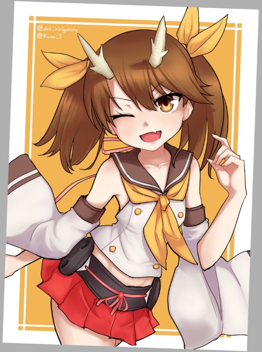 1girl, ;d, alternate_costume, artist_name, azur_lane, bare_legs, bare_shoulders, blouse, brown_hair, commentary_request, cosplay, detached_sleeves, eyebrows, fang, female_focus, flat_chest, hair_ribbon, horns, jacy, japanese_clothes, kantai_collection, kimono, kirigakure_(kirigakure_tantei_jimusho), one_eye_closed, open_mouth, red_ribbon, red_skirt, ribbon, ryuujou_(azur_lane), ryuujou_(azur_lane)_(cosplay), ryuujou_(kancolle), shirt, skirt, smile, solo, twintails, twitter_username, upper_body, white_kimono, white_shirt, wide_sleeves, yellow_eyes, yellow_ribbon