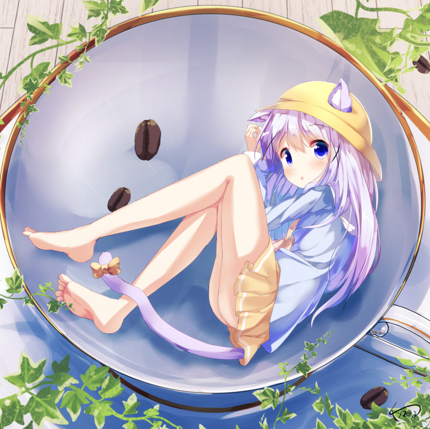 1girl, :o, absurdres, animal_ears, ass, azur_lane, bare_legs, barefoot, blue_eyes, blue_shirt, blush, bow, cat_ears, cat_girl, cat_tail, chinomaron, coffee_beans, commentary_request, cosplay, cup, ears_through_headwear, feet, female_focus, gochuumon_wa_usagi_desu_ka?, hair_between_eyes, hat, highres, in_container, in_cup, kafuu_chino, kemonomimi_mode, kisaragi_(azur_lane), kisaragi_(azur_lane)_(cosplay), long_sleeves, looking_at_viewer, looking_to_the_side, lying, mini_person, minigirl, on_side, parted_lips, pleated_skirt, purple_hair, saucer, school_hat, shirt, signature, skirt, soles, solo, tail, tail_bow, tail_ornament, toes, yellow_bow, yellow_hat, yellow_skirt