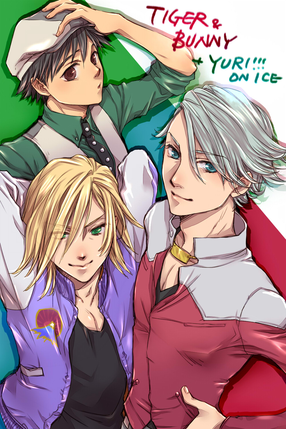 3boys, arms_behind_head, barnaby_brooks_jr., barnaby_brooks_jr_(cosplay), black_hair, blonde_hair, copyright_name, cosplay