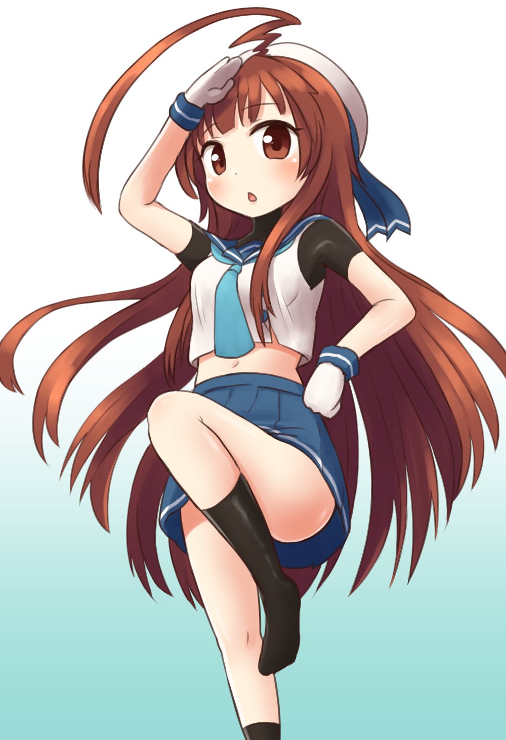 1girl, ahoge, black_legwear, blue_background, blue_neckerchief, blue_ribbon, blue_skirt, brown_eyes