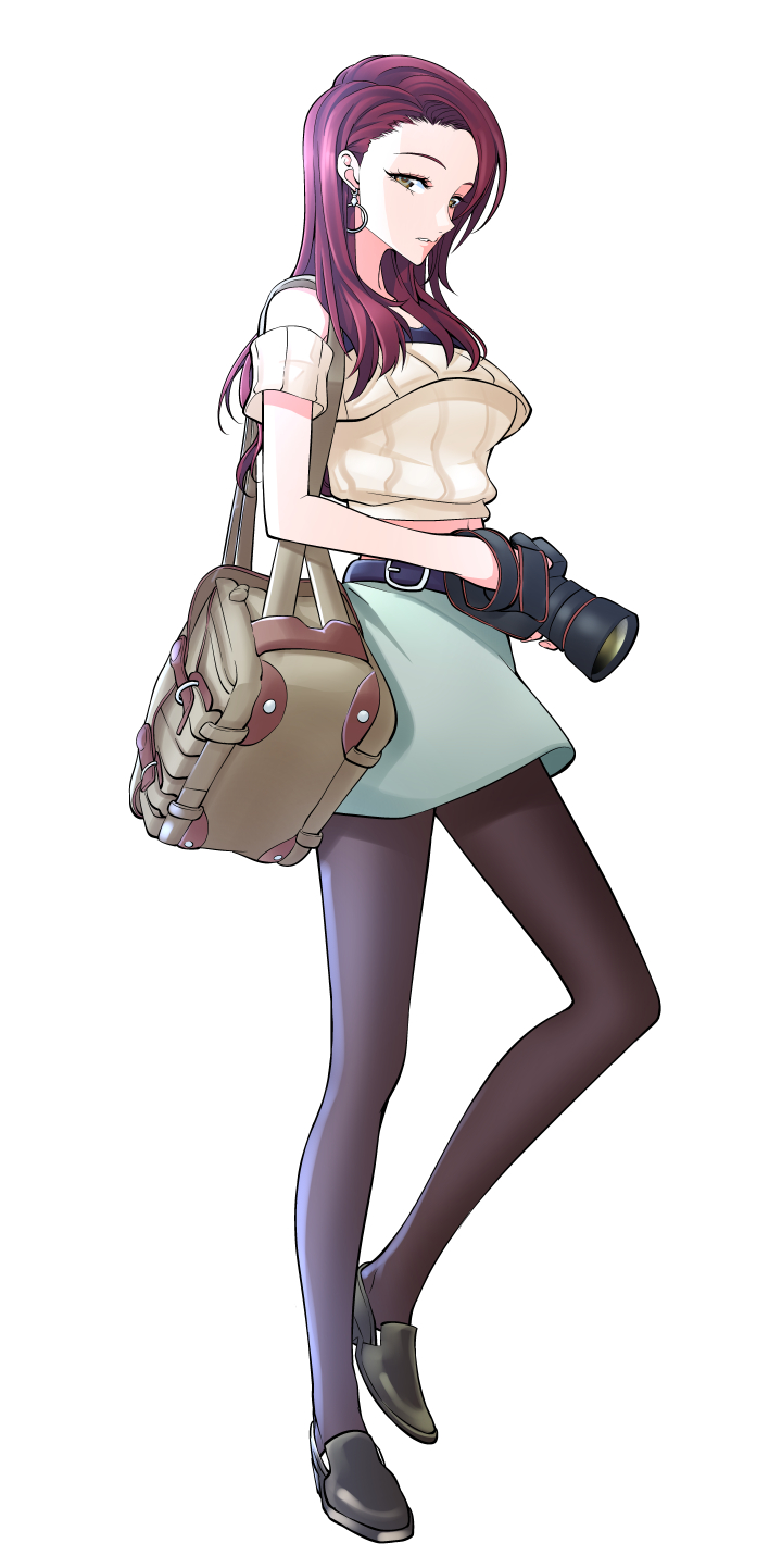 1girl, bag, bare_shoulders, belt, black_pantyhose, black_shoes, blue_skirt, brown_hair