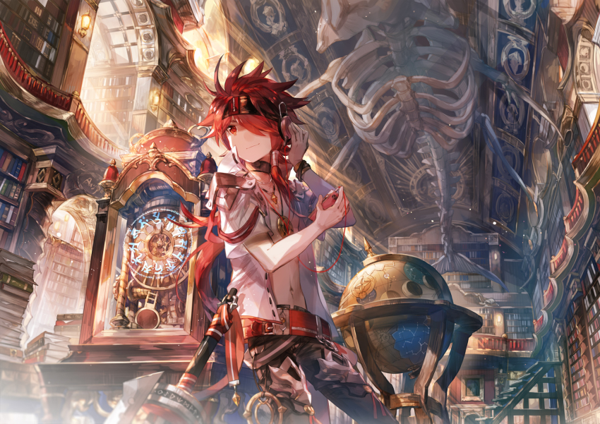 absurdly_detailed_composition, armor, belt, cellphone, choker, clock, colorized, elsword, elsword_(character), globe, hair_over_one_eye, hairband, headphones, indoors, jewelry, library, loaded_interior, long_hair, necklace, open_clothes, open_shirt, pants, pauldrons, phone, ponytail, red_eyes, red_hair, rune_master_(elsword), scorpion5050, shirt, shoulder_armor, sidelocks, skeleton, smartphone, solo, sword, weapon