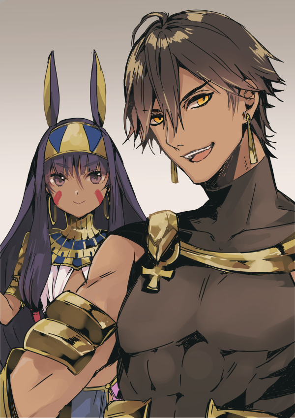 1boy, 1girl, :d, ancient_egyptian, animal_ears, brown_hair, closed_mouth, dark-skinned_female