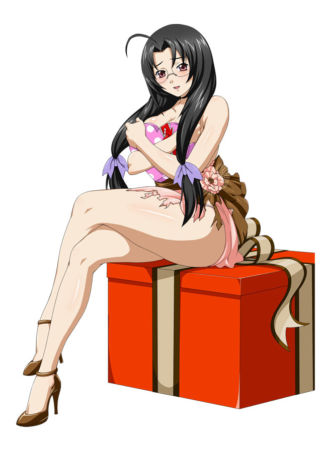 1girl, ahoge, bare_legs, black_hair, box, female_focus, full_body, gift