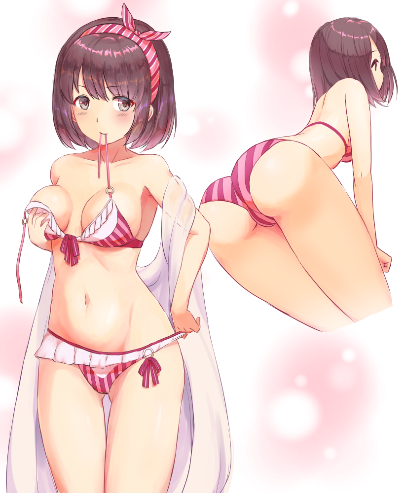 1girl, bad_id, bad_pixiv_id, bikini, breasts, brown_eyes, brown_hair, c8oyk, cowboy_shot, cropped_legs, hairband, katou_megumi, leaning_forward, looking_at_viewer, medium_breasts, multiple_views, open_clothes, pink_bikini, pink_hairband, saenai_heroine_no_sodatekata, short_hair, simple_background, striped_bikini, striped_clothes, striped_hairband, swimsuit, untied_bikini, white_background