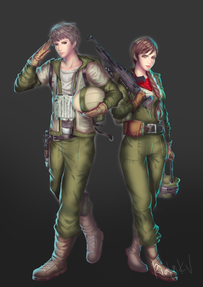 1boy, 1girl, alicia_melchiott, crossover, gun, gun_over_shoulder, helmet, highres