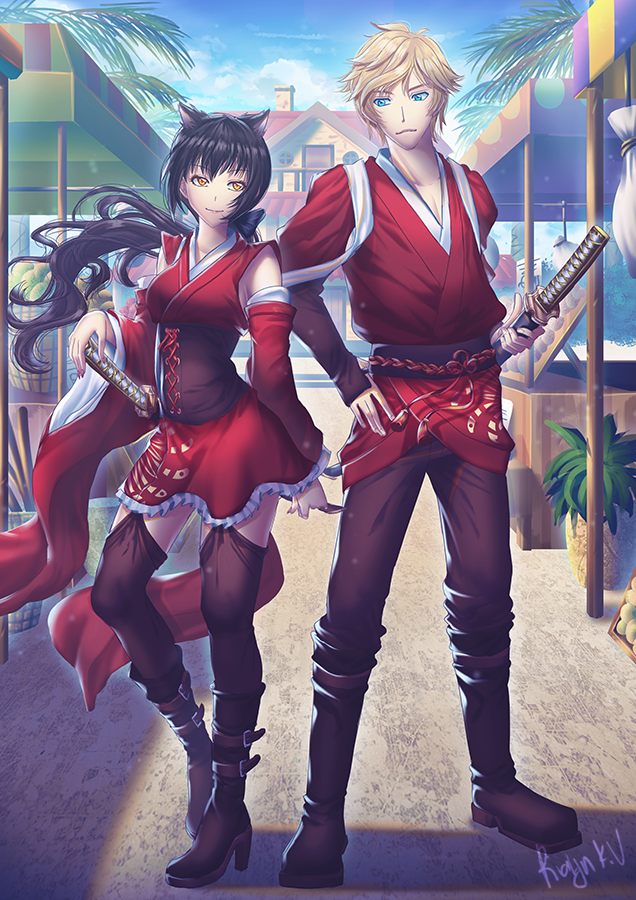 animal_ears, artist_name, black_hair, blake_belladonna, blonde_hair, blue_eyes, blue_sky, boots