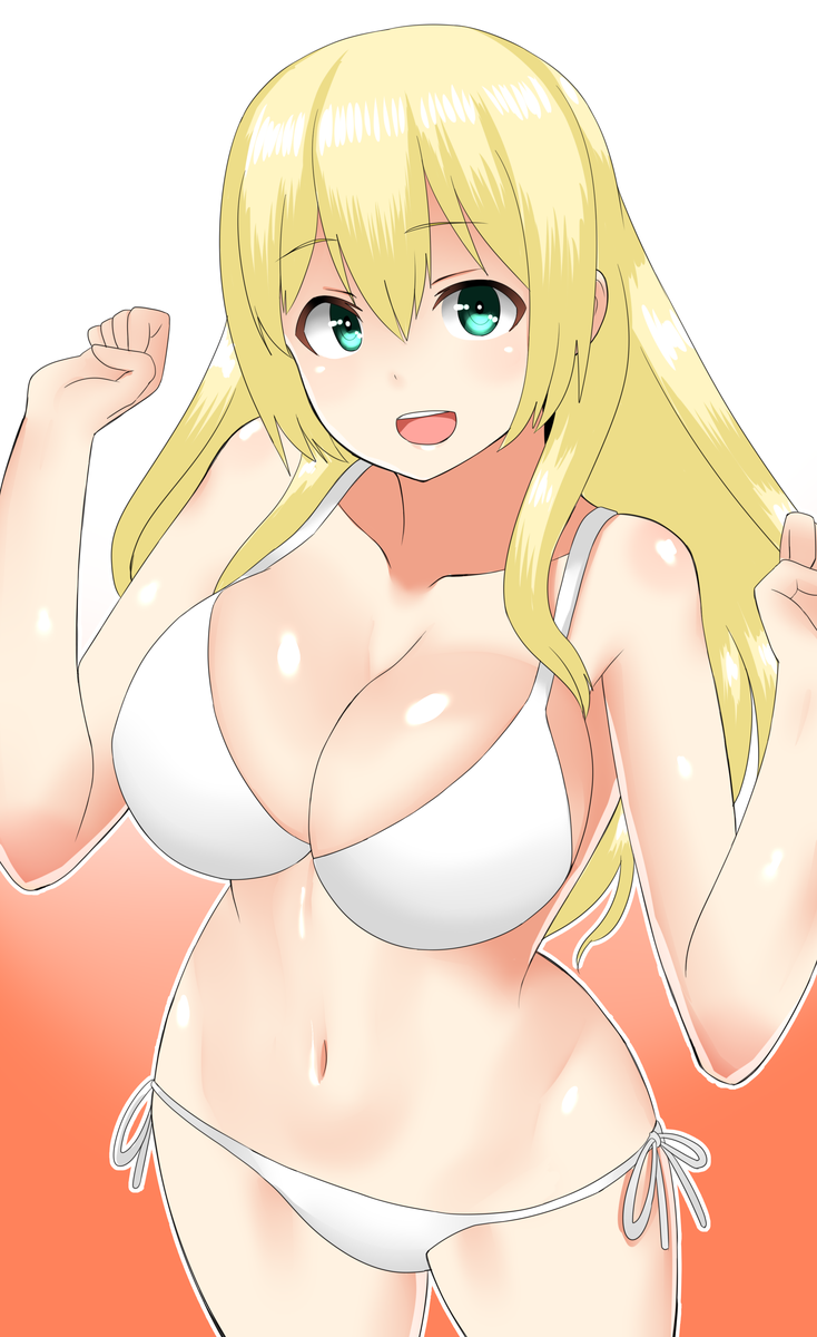 1girl, 30-06, atago_(kancolle), bad_id, bad_pixiv_id, bikini, blonde_hair, blue_eyes, breasts, cleavage, cowboy_shot, female_focus, gradient_background, highres, kantai_collection, large_breasts, long_hair, looking_at_viewer, lowleg, lowleg_bikini, navel, open_mouth, red_background, side-tie_bikini_bottom, smile, solo, standing, swimsuit, w_arms, white_background, white_bikini