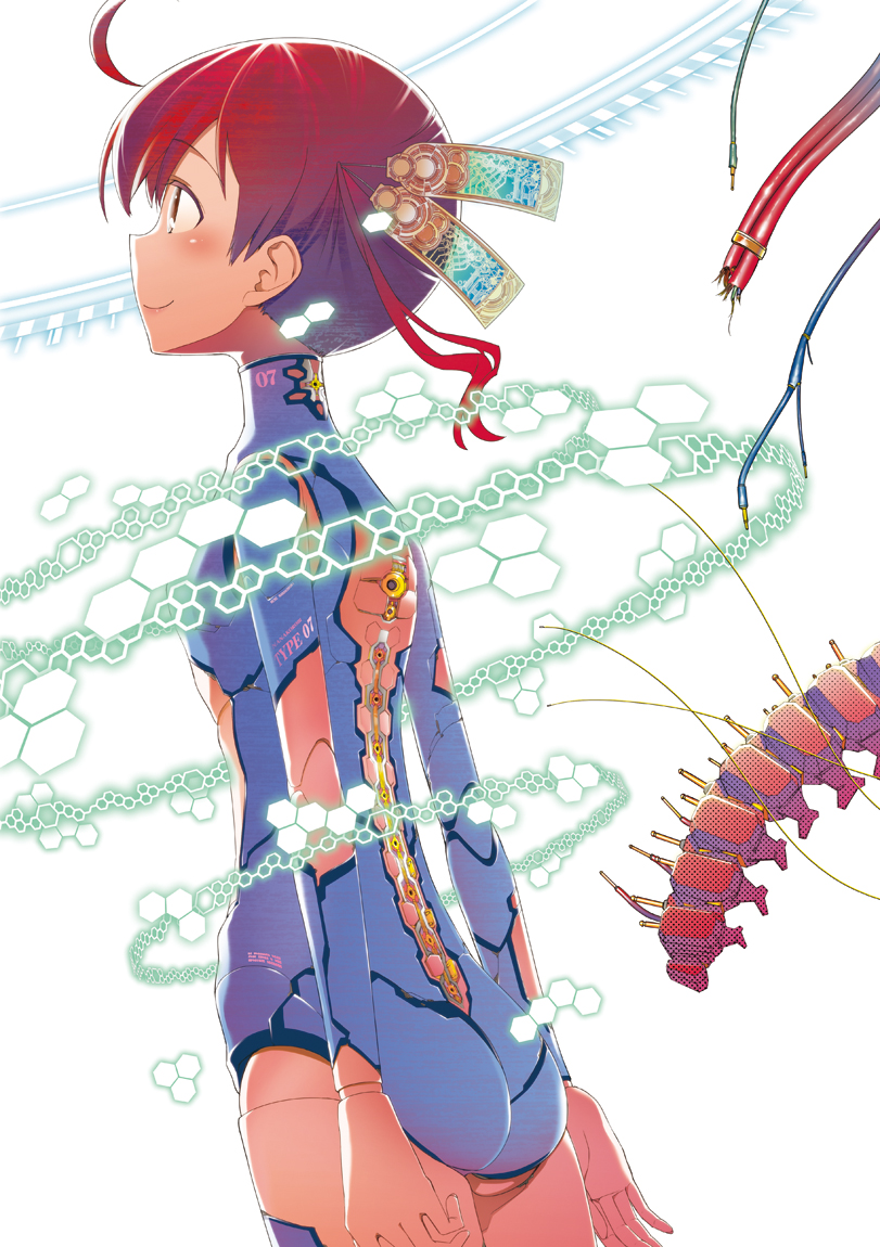 1girl, ahoge, armor, arms_at_sides, bodysuit, cable, cyborg, doll_joints