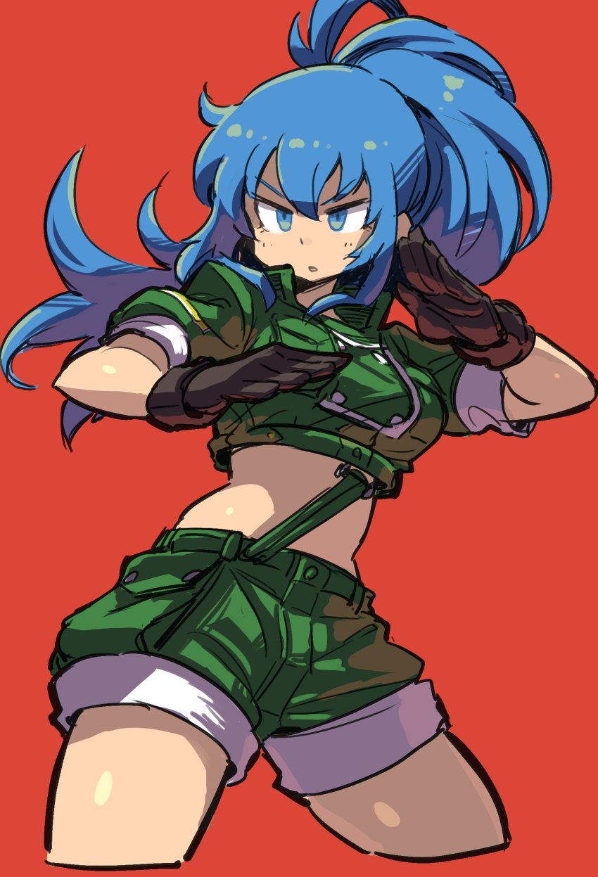 1girl, bad_id, bad_twitter_id, blue_eyes, blue_hair, female_focus, fighting_stance, gloves, highres, leona_heidern, mizuno_(okn66), ponytail, shorts, solo, the_king_of_fighters