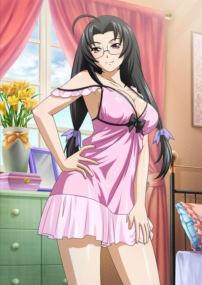 1girl, ahoge, black_bow, black_hair, bow, breasts, cleavage, female_focus