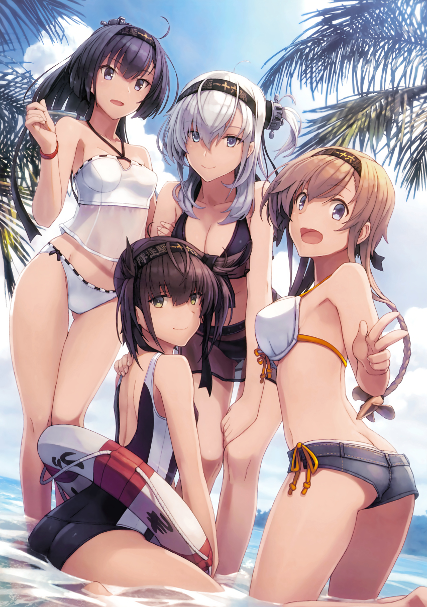 4girls, :d, absurdres, akizuki_(kancolle), akizuki_(swimsuit)_(kancolle), ass, bikini, black_bikini