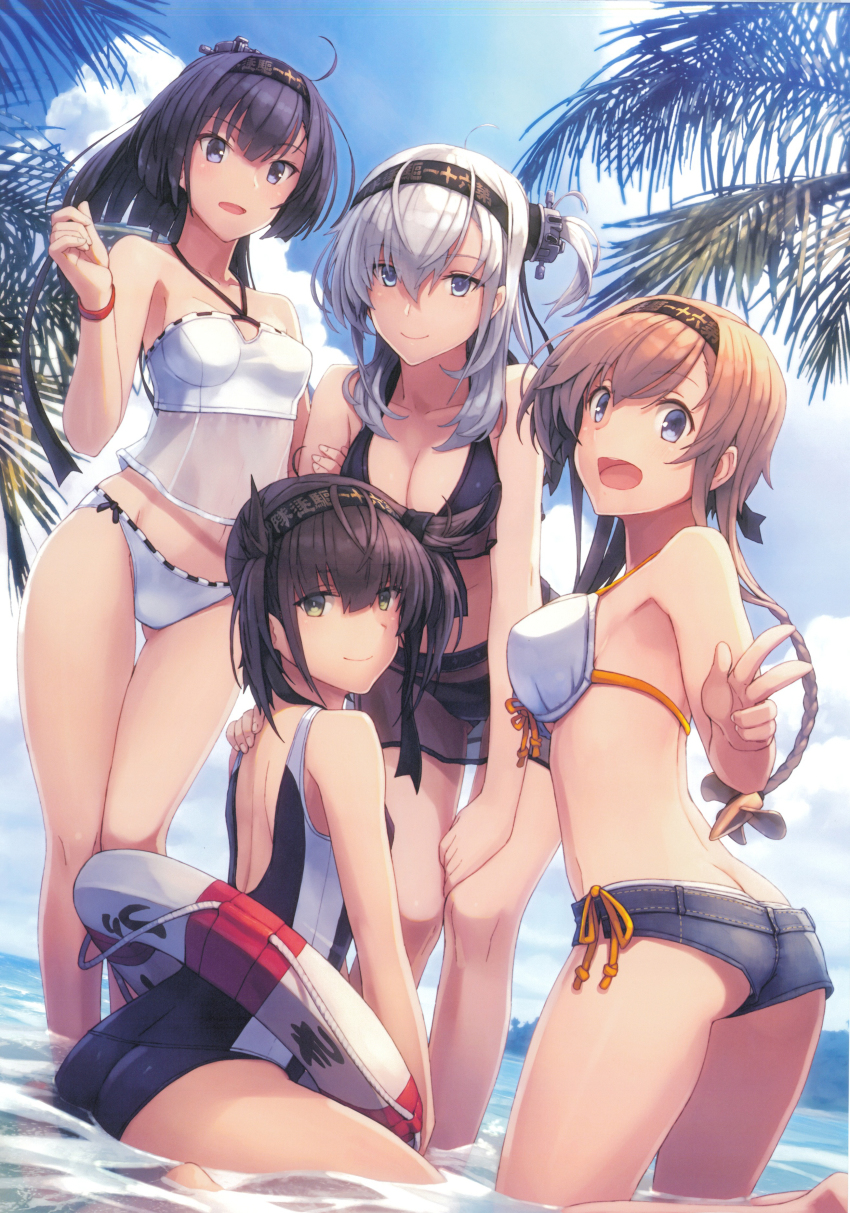 4girls, :d, absurdres, akizuki_(kancolle), akizuki_(swimsuit)_(kancolle), ass, bikini, black_bikini