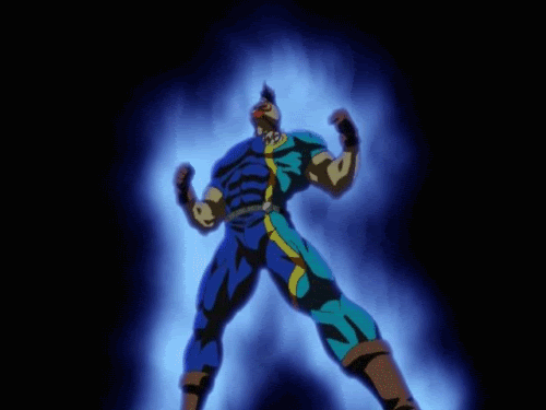 1boy, animated, animated_gif, aura, black_background, feet_out_of_frame, kinniku_mantarou, kinnikuman