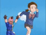 1boy, 1girl, animated, arms_up, blue_sweater, chasing, cloud, collared_shirt