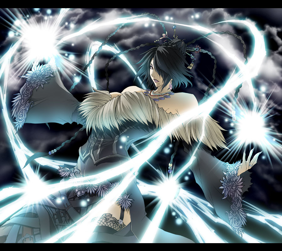 00s, 1girl, belt, black_hair, braid, censored, dress, earrings, energy, female_focus, ferio, final_fantasy, final_fantasy_x, fingernails, fur, hair_ornament, hair_over_one_eye, jewelry, letterboxed, lightning, long_fingernails, lulu_(ff10), magic, mole, mole_under_eye, mole_under_mouth, necklace, solo, square_enix, strapless, strapless_dress, thighhighs