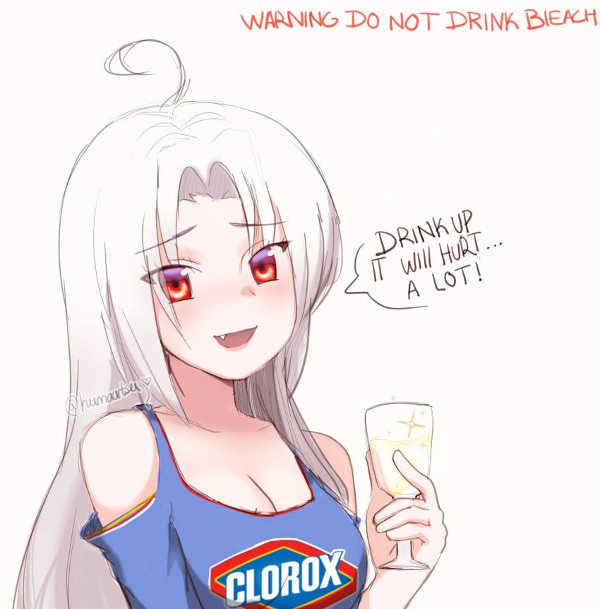 1girl, :d, ahoge, arms_behind_back, artist_name, bare_shoulders, bleach_(chemical), blue_dress