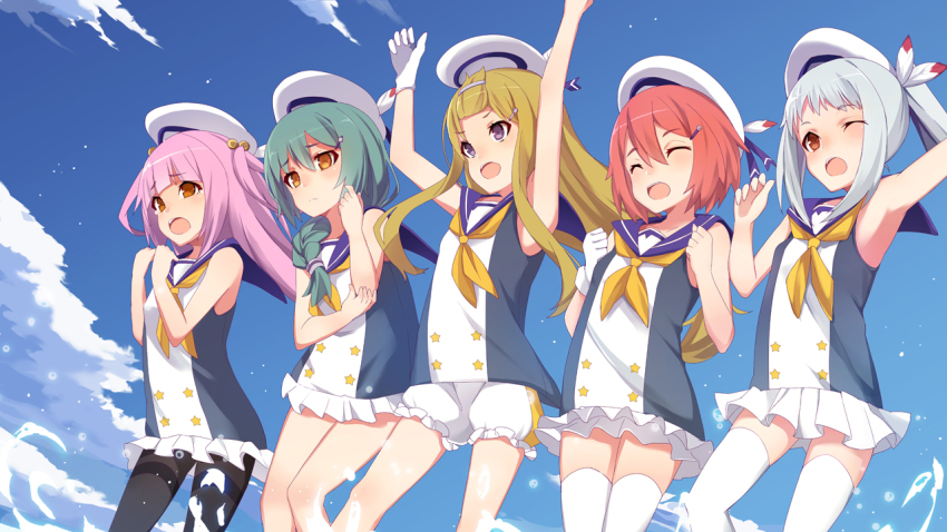 5girls, :d, ;d, ^_^, armpits, arms_up, aulick_(azur_lane), azur_lane