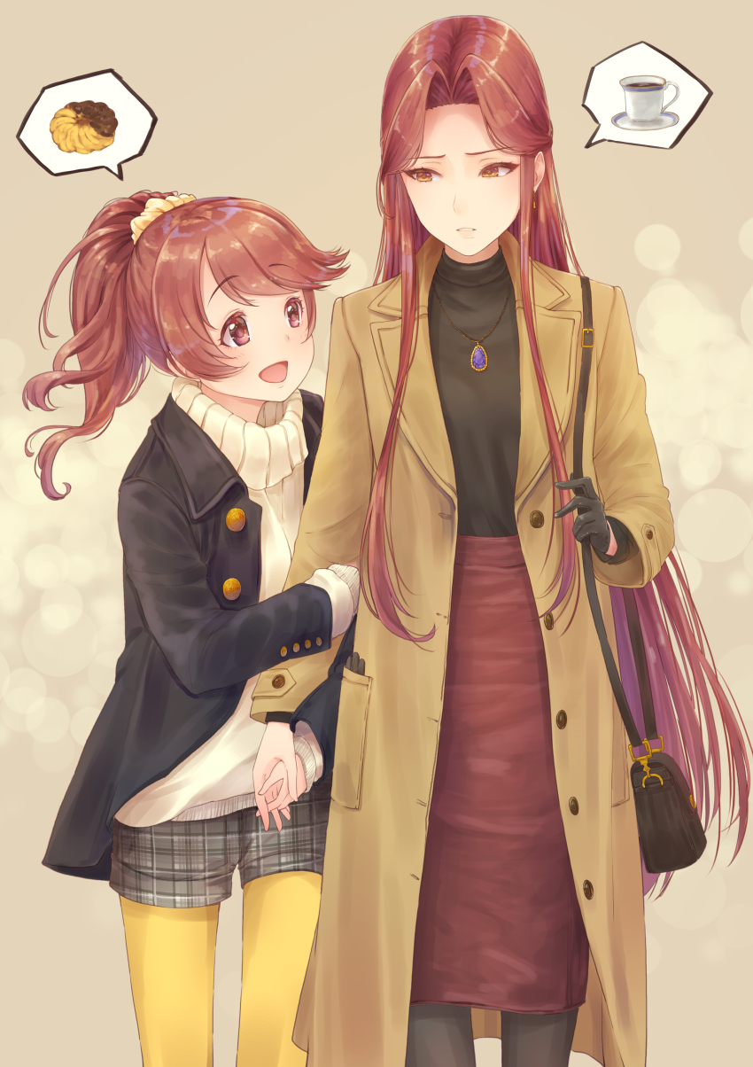 2girls, :d, absurdres, arm_hug, bag, blush, brown_background, brown_eyes