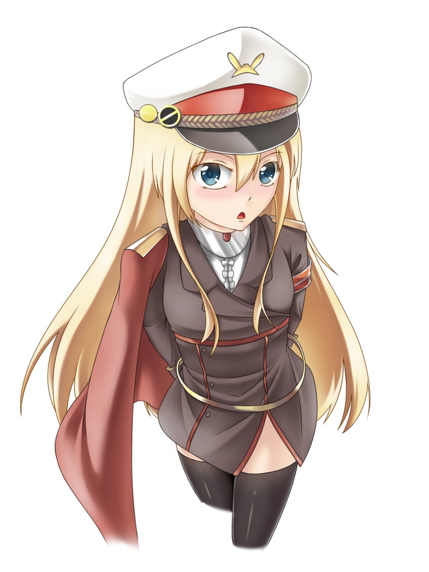 1girl, absurdres, arms_behind_back, belt, blonde_hair, blue_eyes, blush, cape, deutschland_(warship_girls_r), female_focus, hat, highres, long_hair, looking_at_viewer, military, military_hat, military_uniform, open_mouth, shukyou, solo, thighhighs, warship_girls_r, white_background