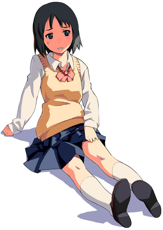 1girl, black_hair, eyeball_(artist), female_focus, full_body, grey_eyes, kamiya_ron, school_uniform